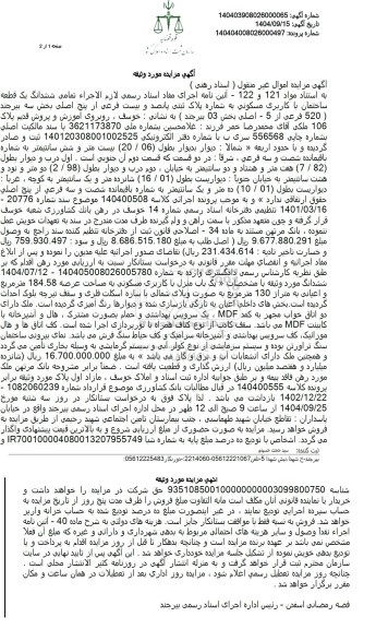 مزایده ششدانگ یک قطعه ساختمان با کاربری مسکونی