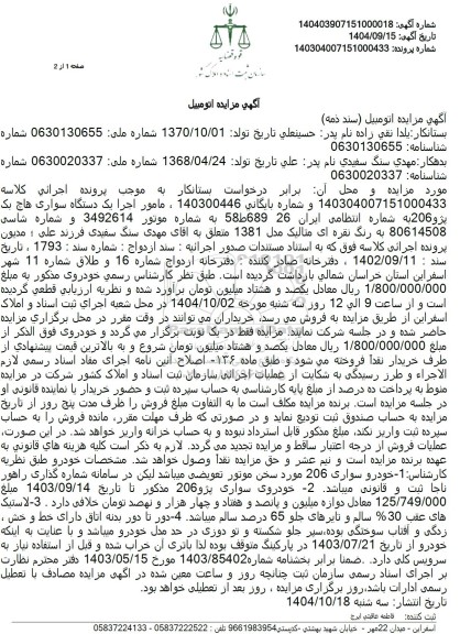 مزایده یک دستگاه سواری هاچ بک پژو 206 به رنگ نقره ای متالیک مدل 1381