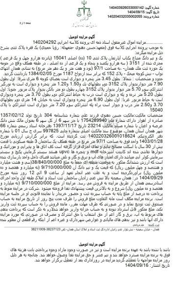 مزایده فروش یک و نیم دانگ مشاع یکباب آپارتمان پلاک ثبتی 10 (ده) اصلی 15041 پانزده هزار و چهل و یک فرعی