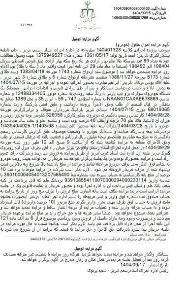 مزایده ششدانگ یک دستگاه خودروی سواری پژو تیپ پارس به رنگ سفید روغنی 