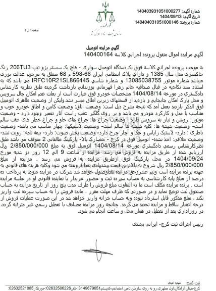 مزایده  یک دستگاه اتومبیل سواری - هاچ بک سیستم پژو تیپ 206TU3 