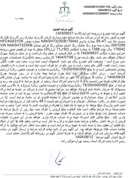 مزایده سواری زیر کاربری هاچ بک HFC4GA31DK 