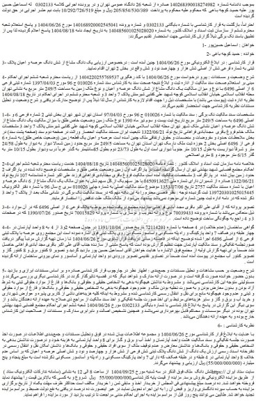 مزایده یک دانگ از شش دانگ پلاک ثبتی شش فرعی از شش هزار و چهارصد و نود و شش اصلی عرصه و اعیان