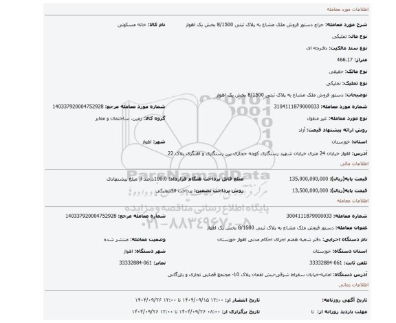 مزایده، دستور فروش ملک مشاع به پلاک ثبتی 8/1500 بخش یک اهواز