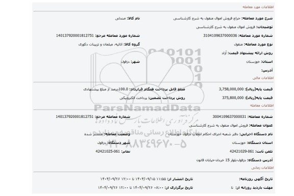 مزایده، فروش اموال منقول به شرح کارشناسی