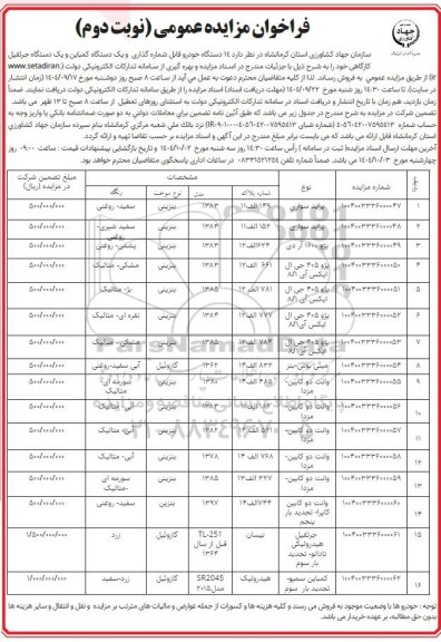 مزایده فروش تعداد 14 دستگاه خودرو قابل شماره گذاری و یکدستگاه کمباین و یکدستگاه جرثقیل کارگاهی - نوبت دوم 