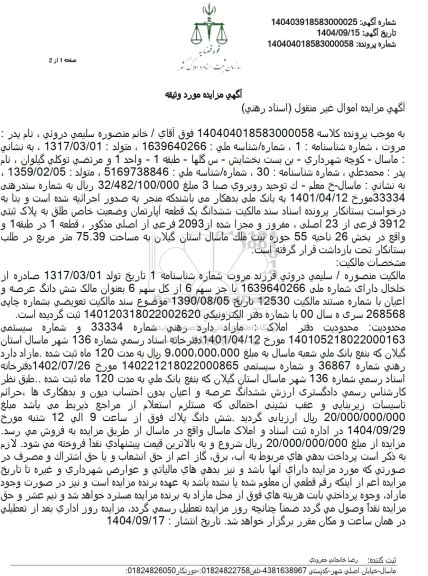 مزایده  ششدانگ یک قطعه آپارتمان وضعیت خاص طلق به پلاک ثبتی 3912 فرعی از 23 اصلی