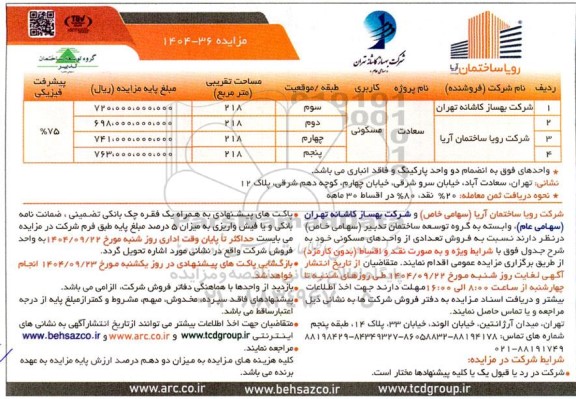 مزایده فروش تعدادی از واحدهای مسکونی