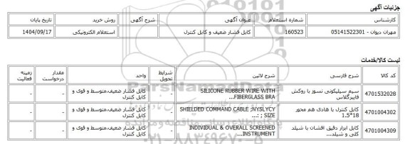 استعلام الکترونیکی، کابل فشار ضعیف و کابل کنترل