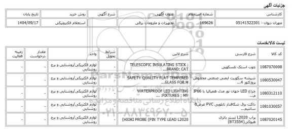 استعلام الکترونیکی، تجهیزات و ملزومات برقی