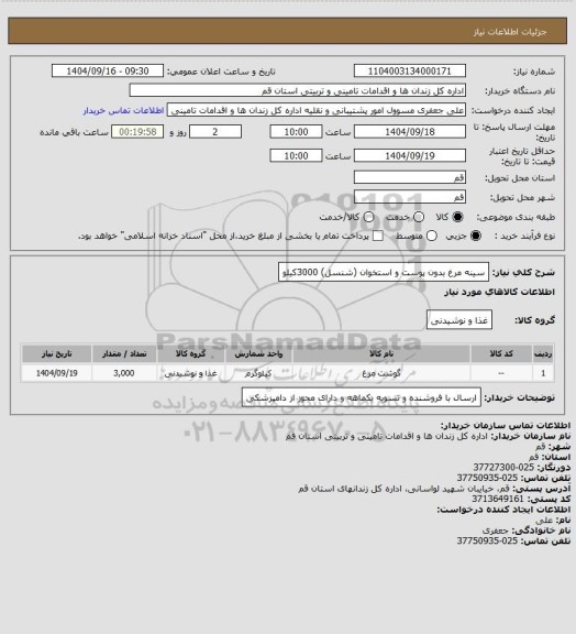 استعلام سینه مرغ بدون پوست و استخوان (شنسل) 3000کیلو