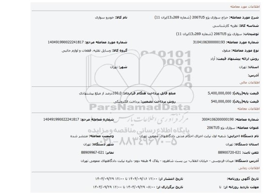 مزایده، سواری پژو 206TU5 (شماره 269د13ایران 11)