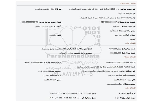 مزایده، 0.6865 دانگ از شش دانگ یک قطعه زمین با کاربری کشاورزی