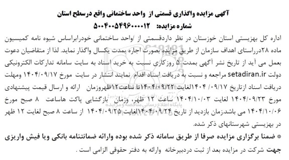 مزایده واگذاری قسمتی از واحد ساختمانی واقع در سطح استان