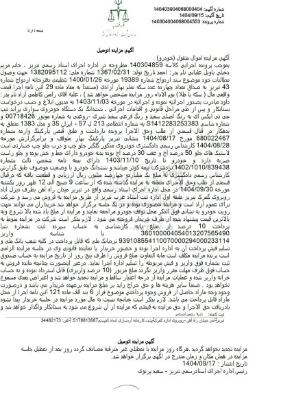 مزایده فروش ششدانگ یک دستگاه خودروی سواری پراید تیپ جی تی ایکس آی