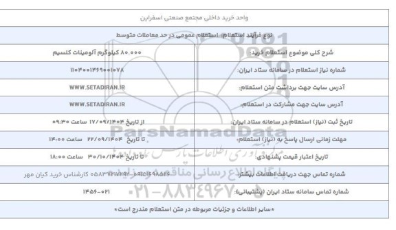 استعلام خرید 80.000 کیلوگرم آلومینات کلسیم 