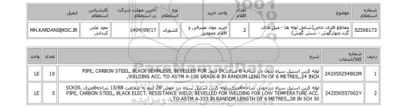 استعلام مقاطع فلزی خاص(شامل لوله ها - میل های گرد،چهارگوش - شش گوش)