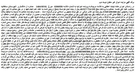 مزایده  1.2 دانگ از شش دانگ یک قطعه زمین با بنای احداثی در آن