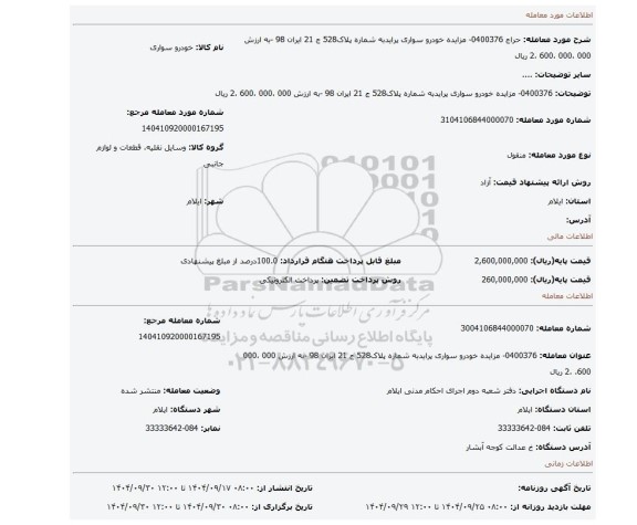 مزایده، 0400376- مزایده خودرو سواری پرایدبه شماره پلاک528 ج 21 ایران 98 -به ارزش 000 ،000 ،600 ،2 ریال
