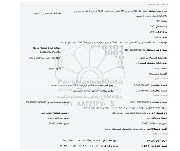 مزایده،  پلاک 994 فرعی از 205 اصلی به مساحت 6000 مترمربع از قرار هر متر مربع 2.500.000 ریال برآورد و به نسبت