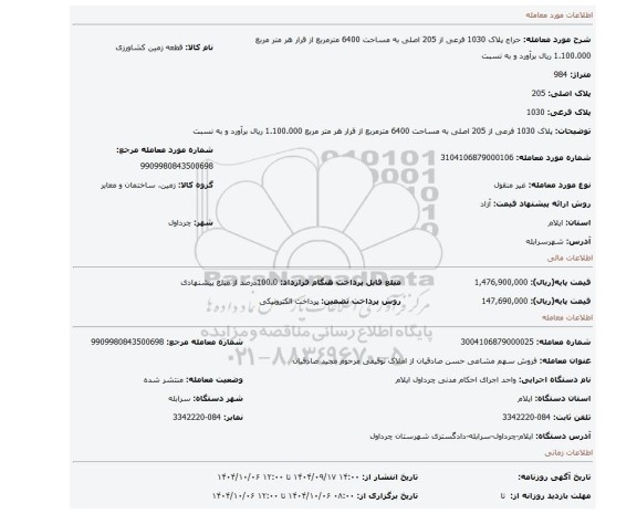 مزایده، پلاک 1030 فرعی از 205 اصلی به مساحت 6400 مترمربع از قرار هر متر مربع 1.100.000 ریال برآورد و به نسبت
