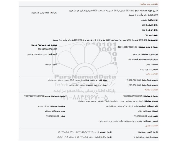 مزایده، پلاک 993 فرعی از 205 اصلی به مساحت 6000 مترمربع از قرار هر متر مربع 2.500.000 ریال برآورد و به نسبت