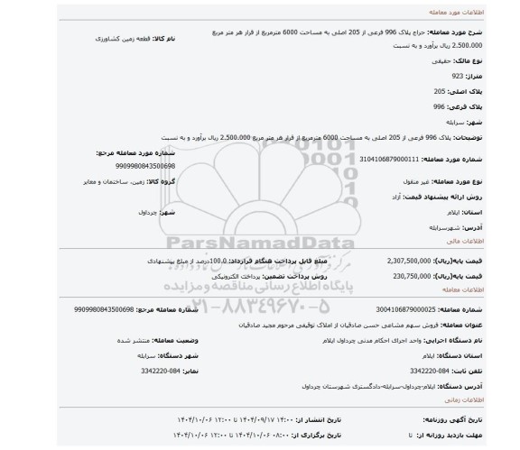 مزایده، پلاک 996 فرعی از 205 اصلی به مساحت 6000 مترمربع از قرار هر متر مربع 2.500.000 ریال برآورد و به نسبت