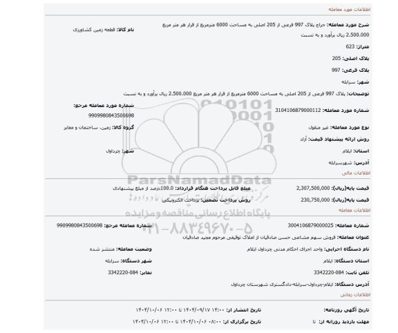 مزایده، پلاک 997 فرعی از 205 اصلی به مساحت 6000 مترمربع از قرار هر متر مربع 2.500.000 ریال برآورد و به نسبت