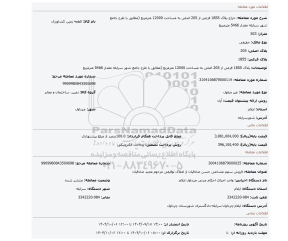 مزایده،  پلاک 1855 فرعی از 205 اصلی به مساحت 12000 مترمربع (مطابق با طرح جامع شهر سرابله مقدار 5466 مترمربع