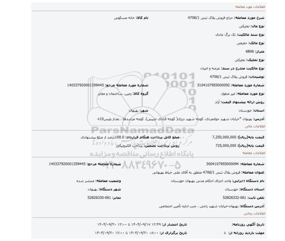 مزایده، فروش پلاک ثبتی 4706/1