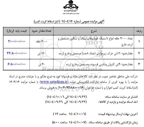 مزایده تعداد 4000 حلقه انواع لاستیک خودروهای سبک و سنگین ....