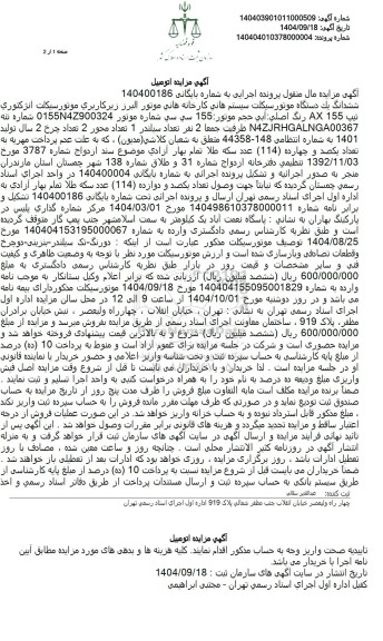 مزایده ششدانگ یک دستگاه موتور سیکلت سیستم هانی