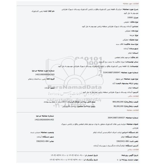 مزایده، یک قطعه زمین کشاورزی واقع در اراضی کشاورزی روستای شهرک هزارانی موسوم به چل کبود