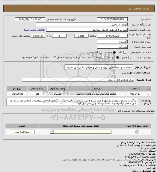 استعلام اجرای جدول  درجا طبق برآورد و دتایل و نظرکارشناس فنی دهیاری