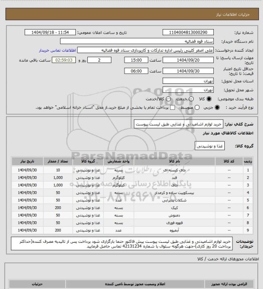 استعلام خرید لوازم اشامیدنی و غذایی طبق لیست پیوست