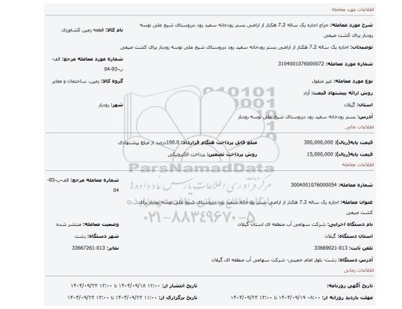 مزایده، اجاره یک ساله 7.2  هکتار از اراضی بستر رودخانه سفید رود  درروستای شیخ علی توسه رودبار برای کشت صیفی