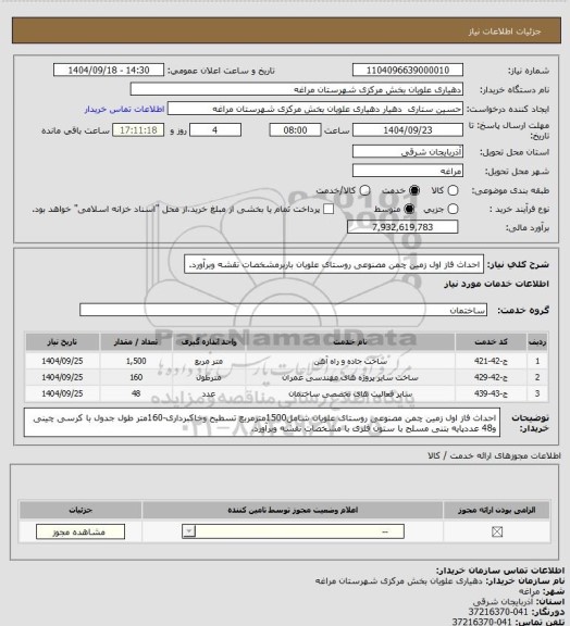 استعلام احداث فاز اول زمین چمن مصنوعی روستای علویان باربرمشخصات نقشه وبرآورد.