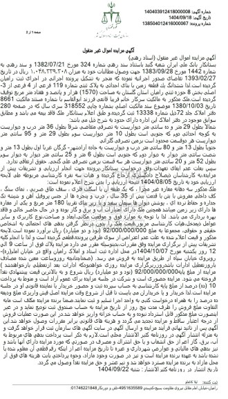 مزایده فروش ششدانگ یک قطعه زمین با بنای احداثی به پلاک ثبتی شماره 119 فرعی از 4 فرعی از 