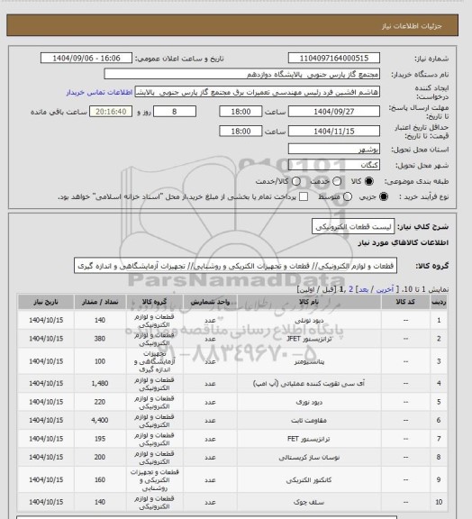 استعلام لیست قطعات الکترونیکی، سایت ستاد