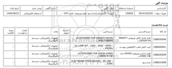 استعلام الکترونیکی، تجهیزات الکترونیکی(صداسنج- لوازم ویبرومتر- لامپ UV)