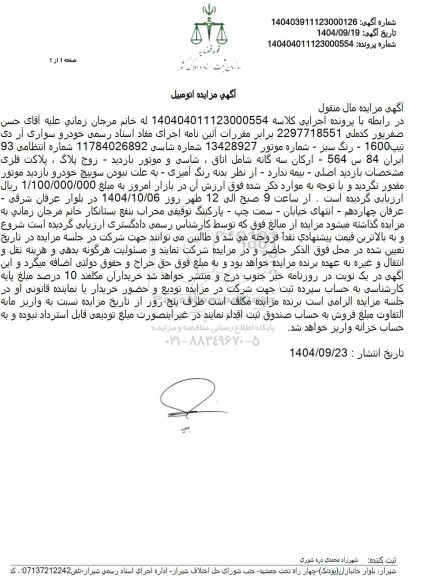 مزایده فروش خودرو سواری آر دی تیپ 1600 - رنگ سبز 