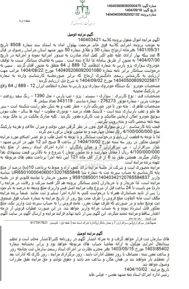 مزایده یک دستگاه خودروی سواری پژو پارس 