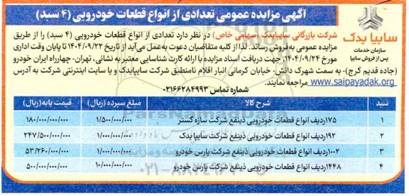 مزایده عمومی فروش تعدادی از انواع قطعات خودرویی (4 سبد)