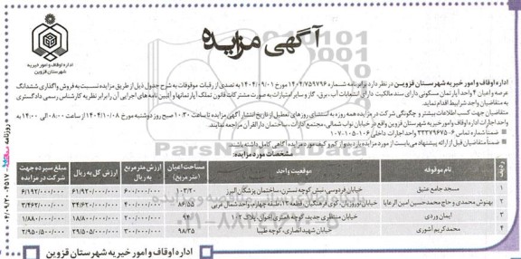 مزایده فروش واگذاری ششدانگ عرصه و اعیان 4 واحد آپارتمان مسکونی 