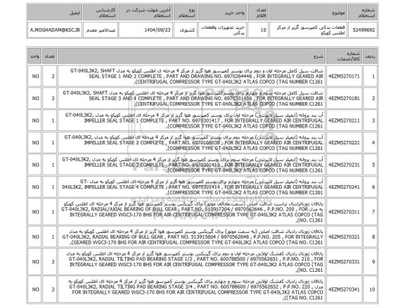 استعلام قطعات یدکی کمپرسور گریز از مرکز اطلس کوپکو