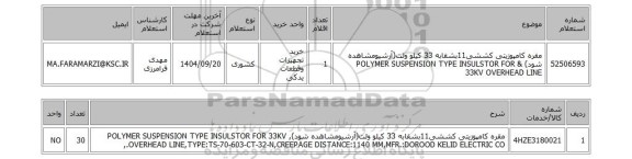 استعلام مقره کامپوزیتی کششی11بشقابه 33 کیلو ولت(آرشیومشاهده شود) & POLYMER SUSPENSION TYPE INSULSTOR FOR 33KV OVERHEAD LINE