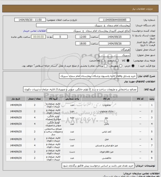استعلام خرید وسایل واقلام اثاثیه پانسیون پزشکان بیمارستان امام سجاد سیریک