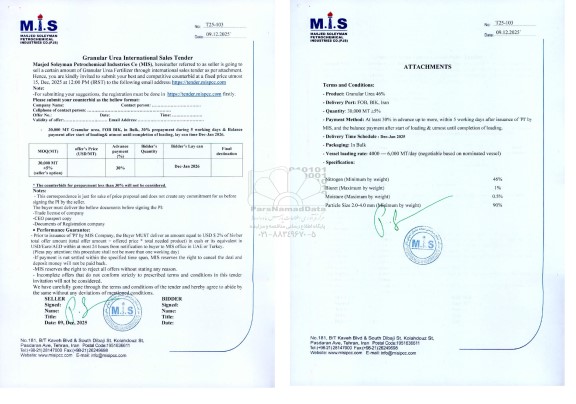 مناقصه و مزایده sell a certain amount of Granular Urea Fertilizer
