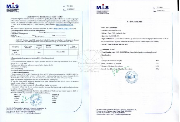 مناقصه و مزایده sell a certain amount of Granular Urea Fertilizer
