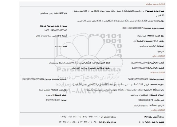 مزایده، فروش 2.328دانگ از شش دانگ مشاع پلاک 525فرعی از 625اصلی بخش 26 فارس